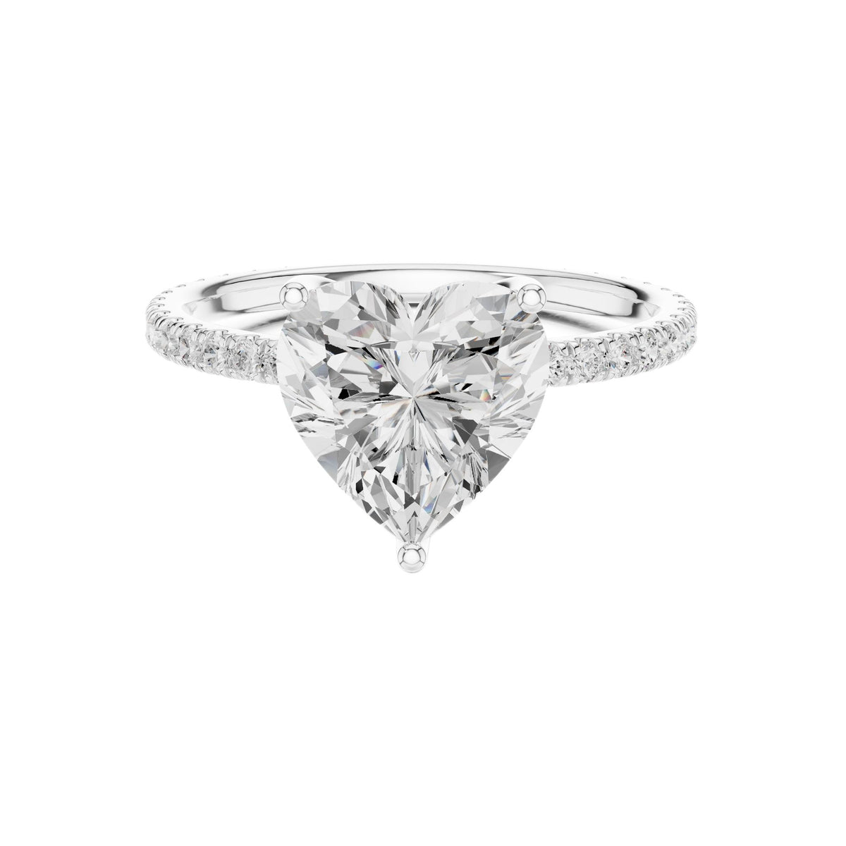 Heart cut pavé diamond ring with heart-shaped center stone and pavé band