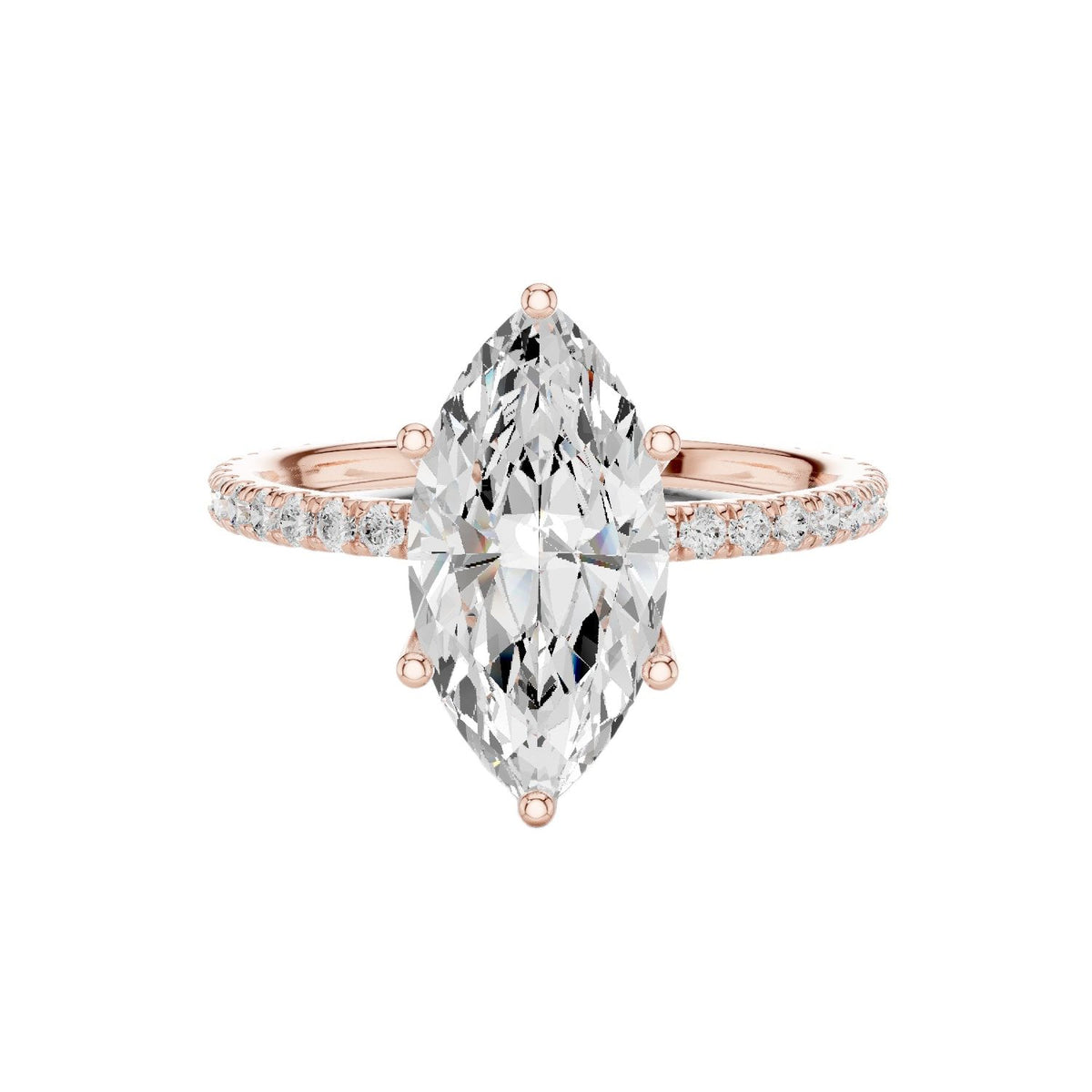Marquise pavé diamond ring in rose gold with large marquise center stone