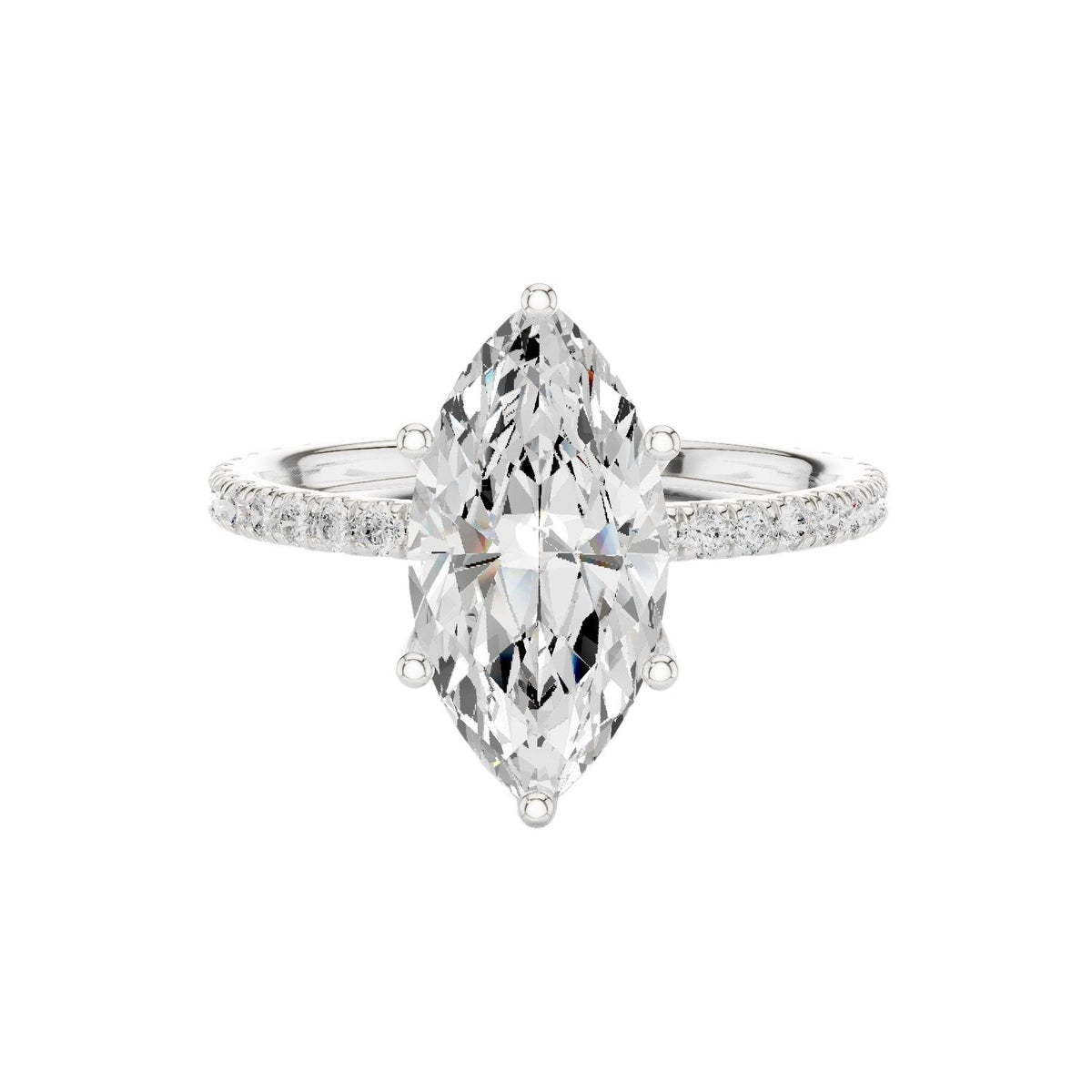 Marquise pavé diamond ring in white gold with large marquise center stone