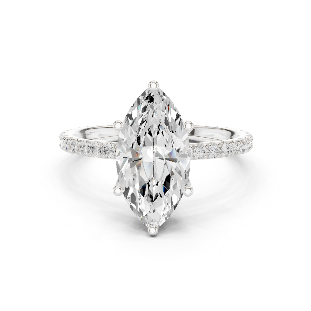 Silver-toned pear-shaped gemstone ring with pave band and prong setting