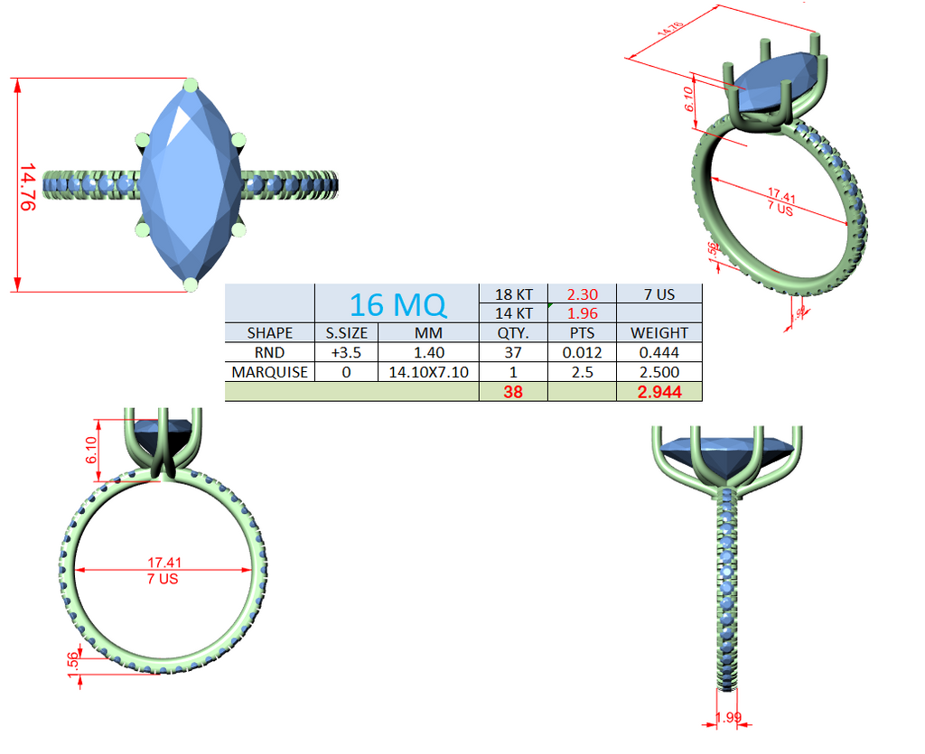 Ring design diagram sheet with size and dimension measurements
