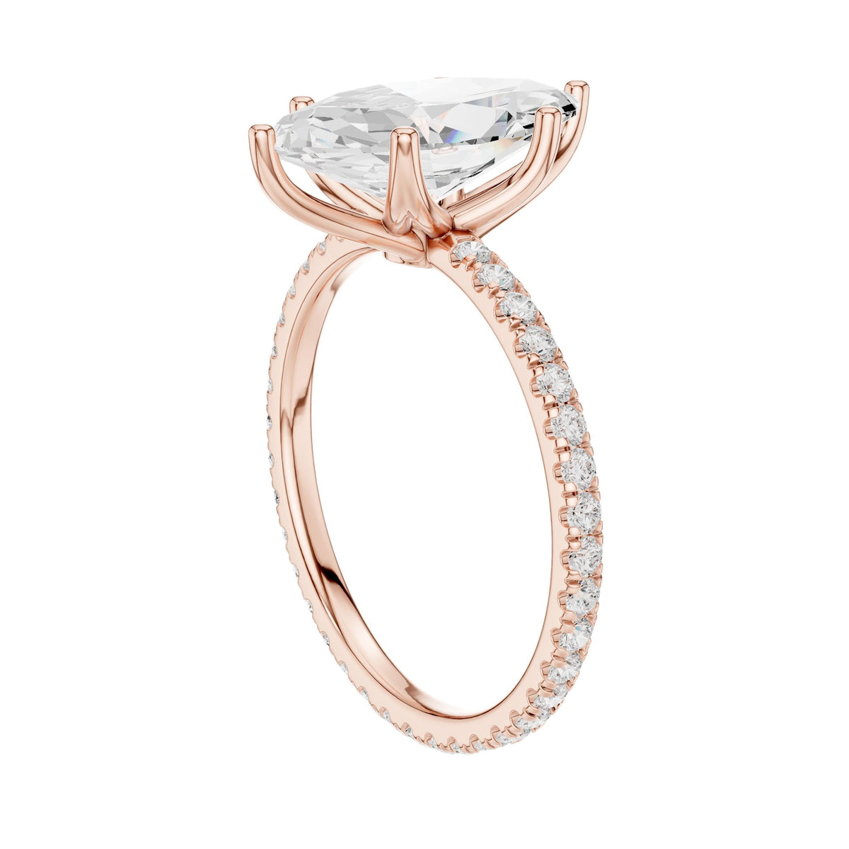 Marquise pavé diamond ring in rose gold with marquise center stone and diamond band