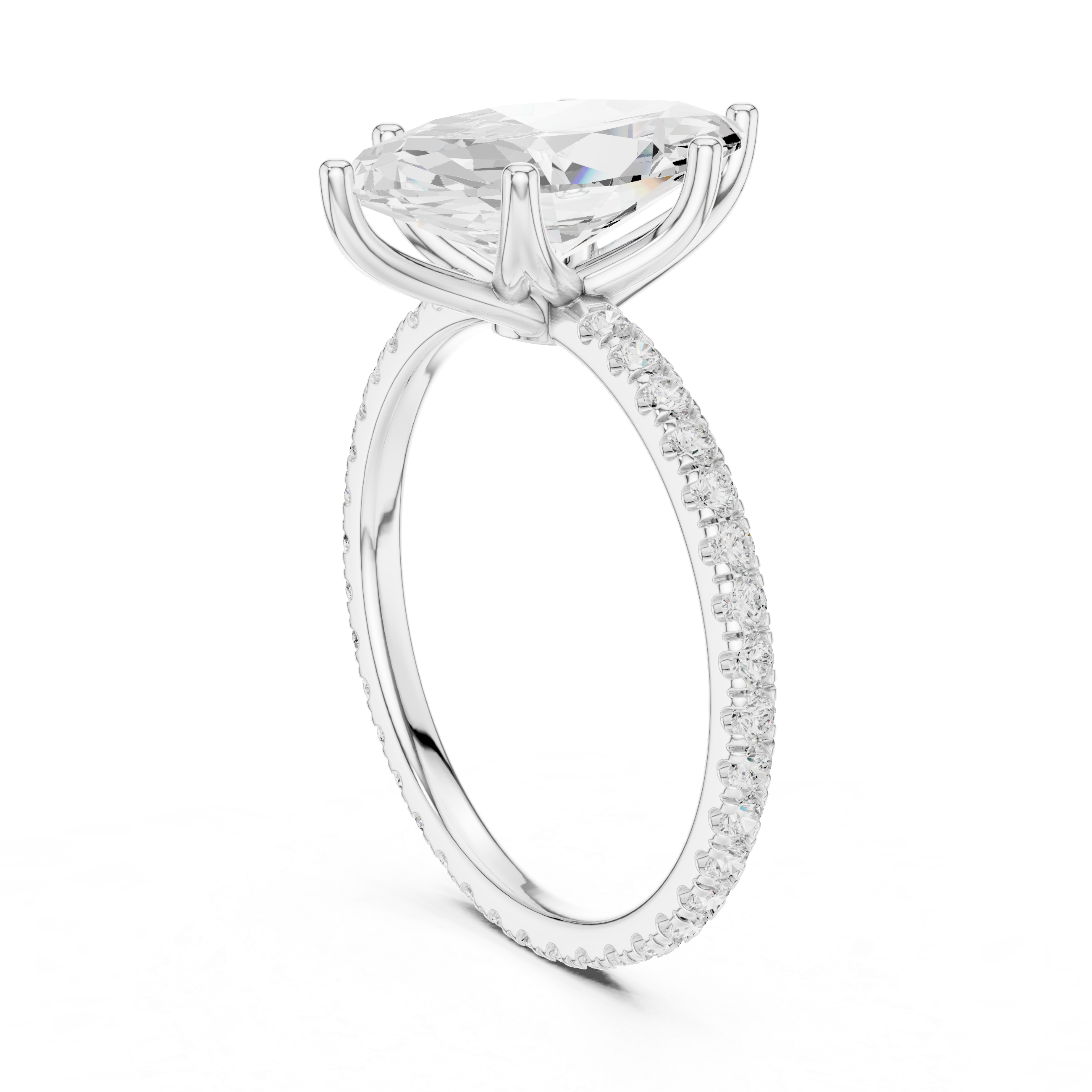 White gold oval gemstone ring with pave shank and prong setting