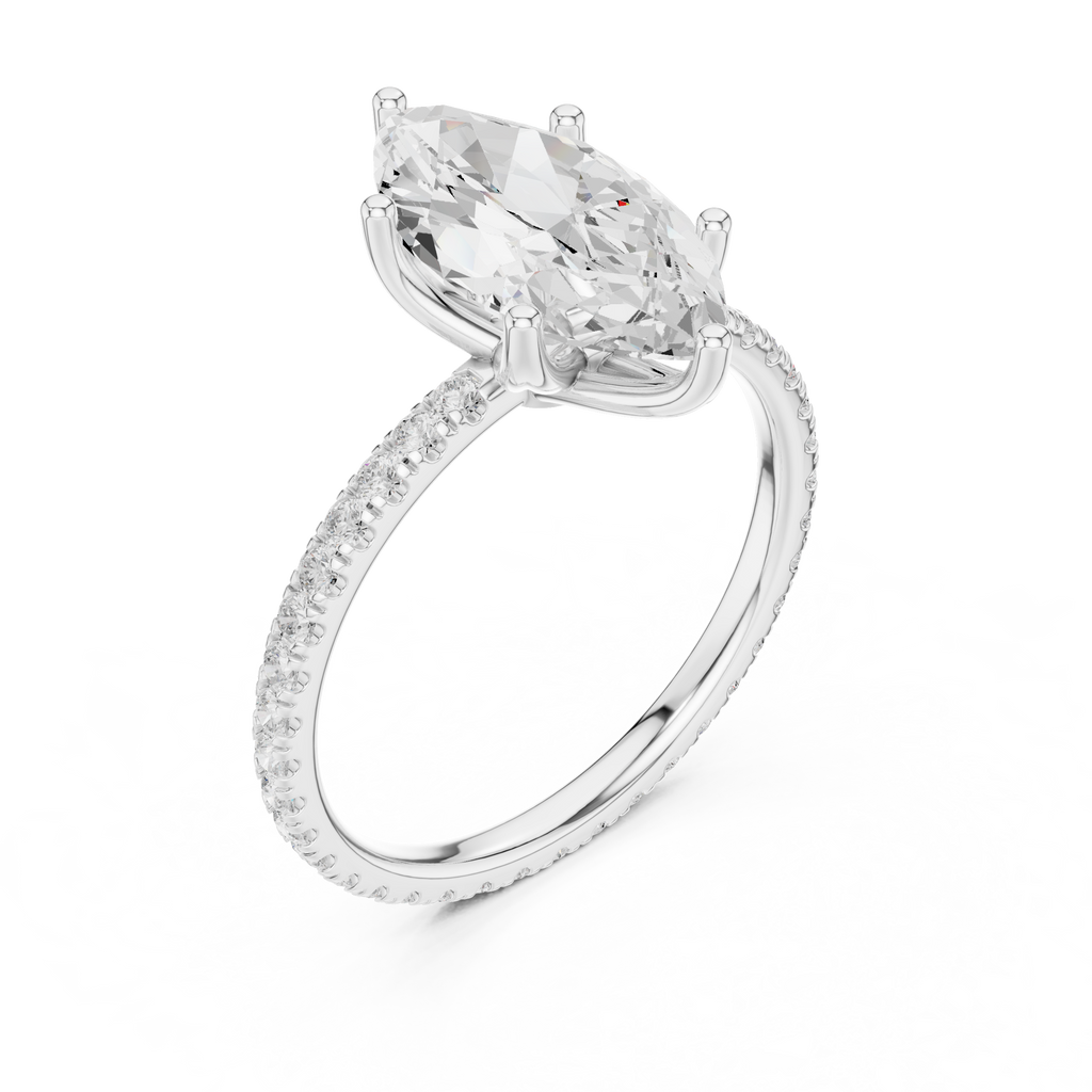 White gold oval gemstone ring with pave band and prong setting