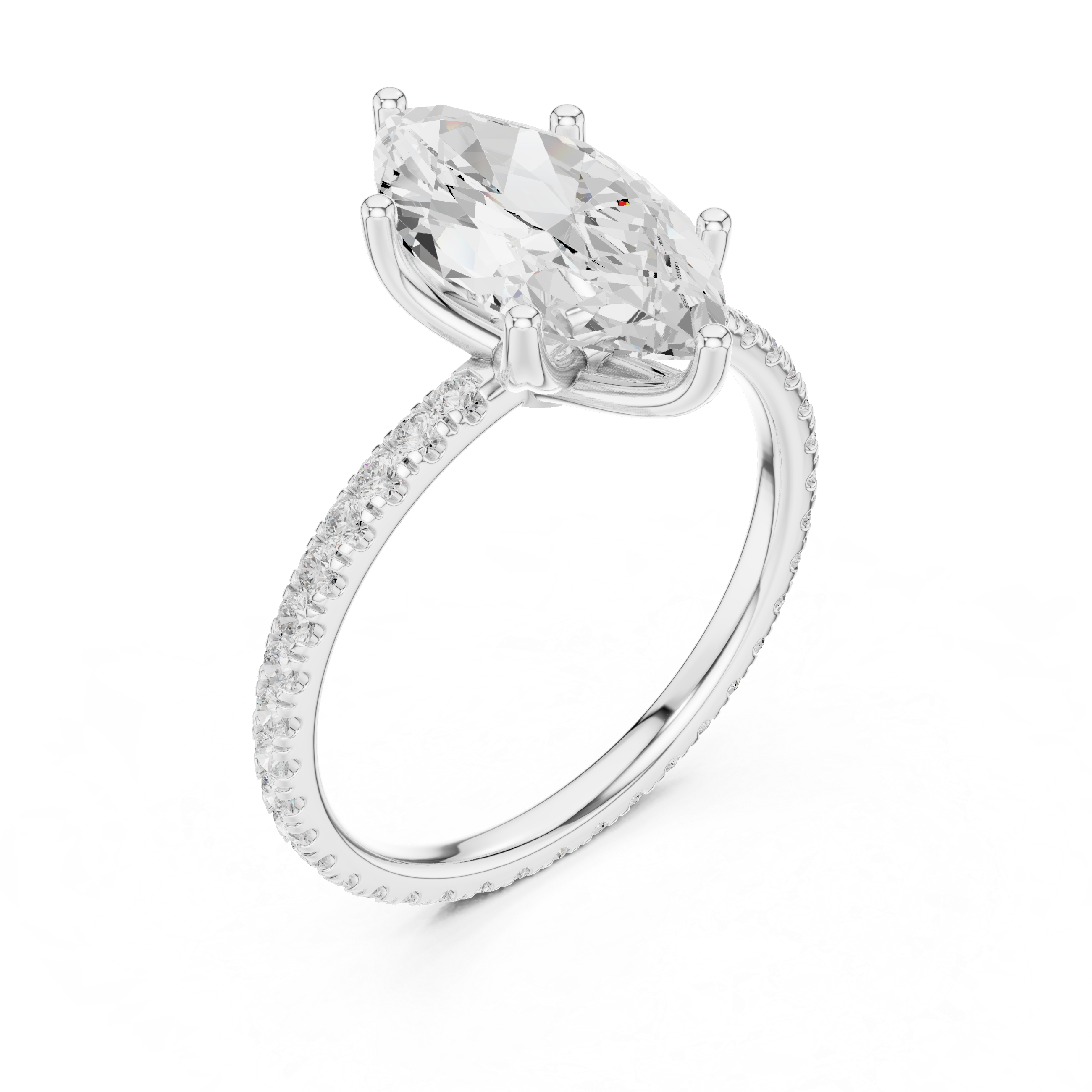 White gold oval gemstone ring with pave band and prong setting