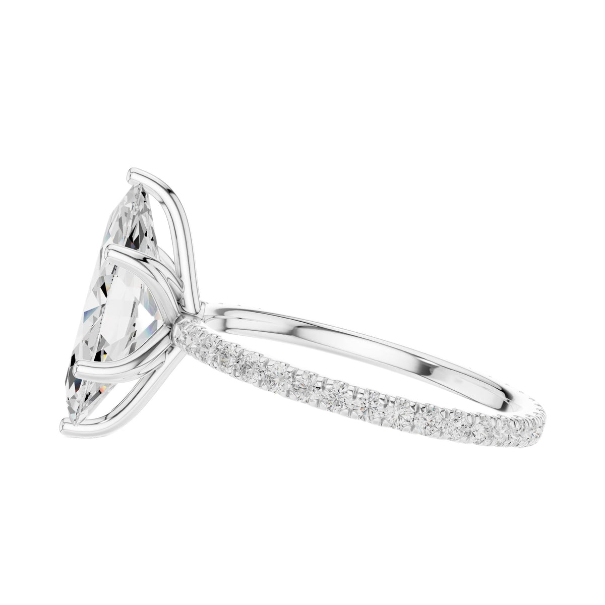 Marquise pavé diamond ring in white gold with marquise center stone and pavé shoulder row