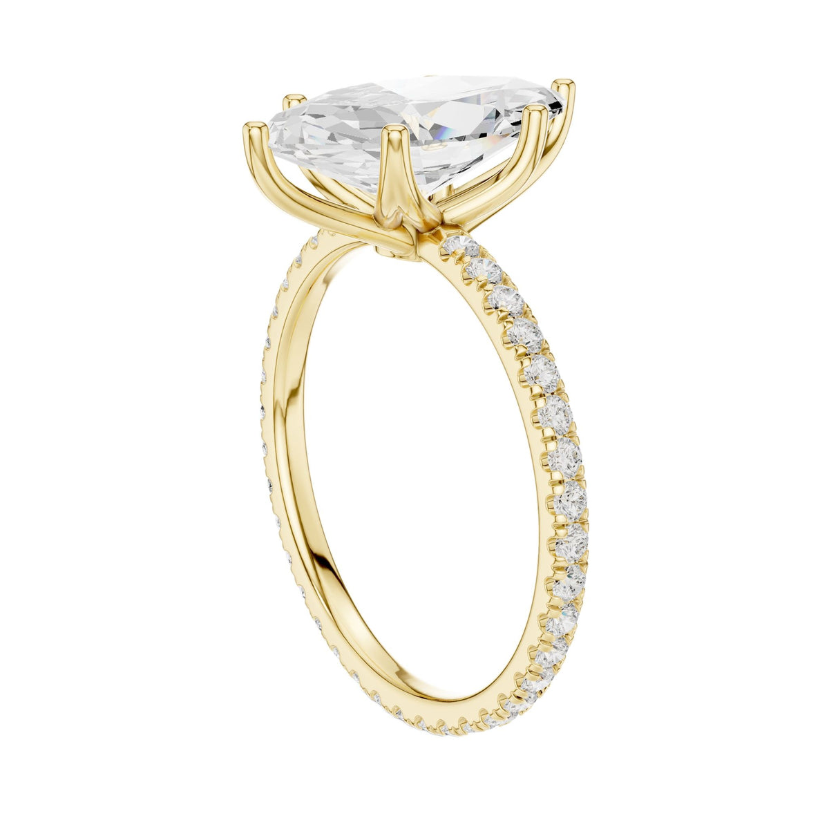 Marquise pavé diamond ring in yellow gold with marquise center stone and diamond pavé shank