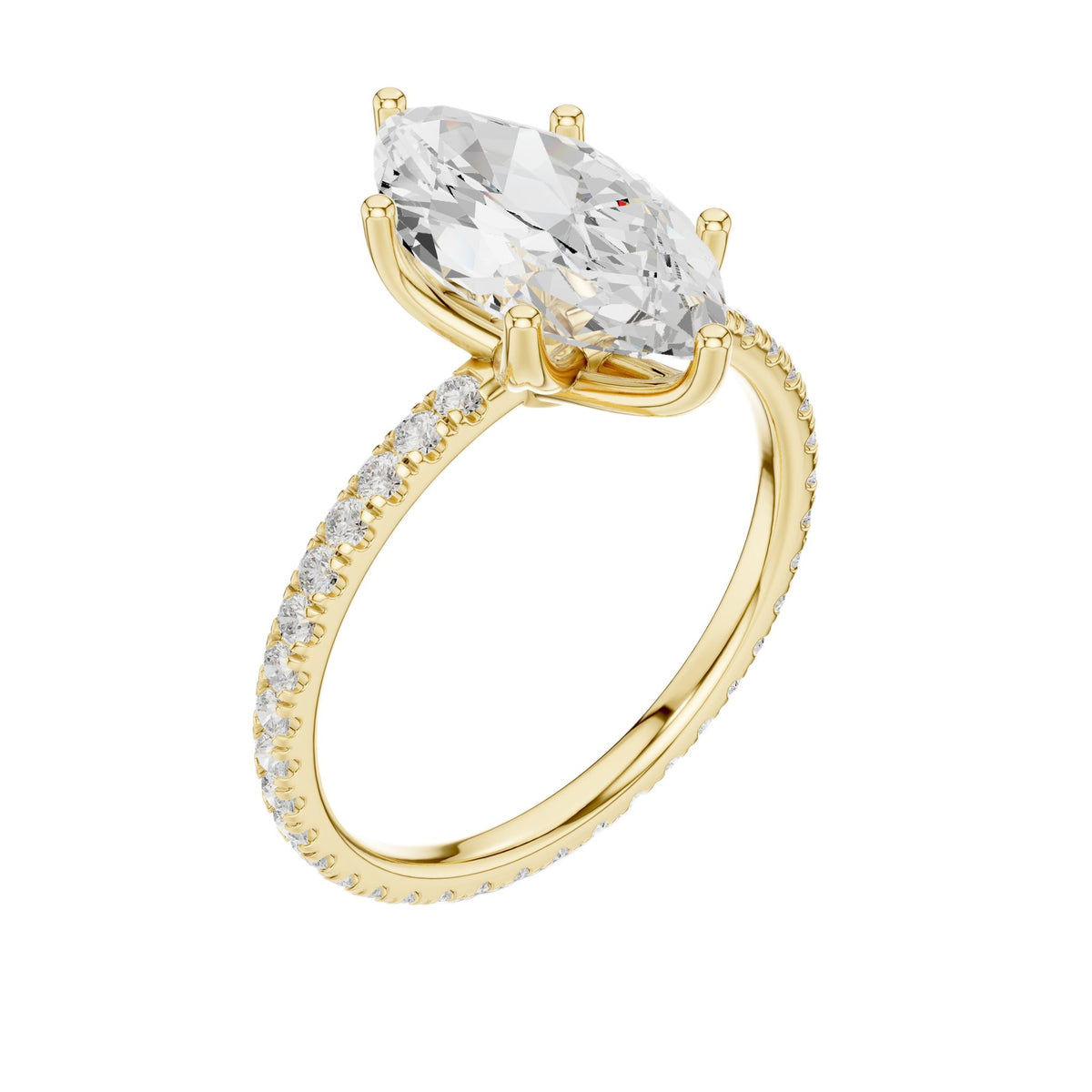 Marquise pavé diamond ring in yellow gold with marquise center stone and pavé shoulders