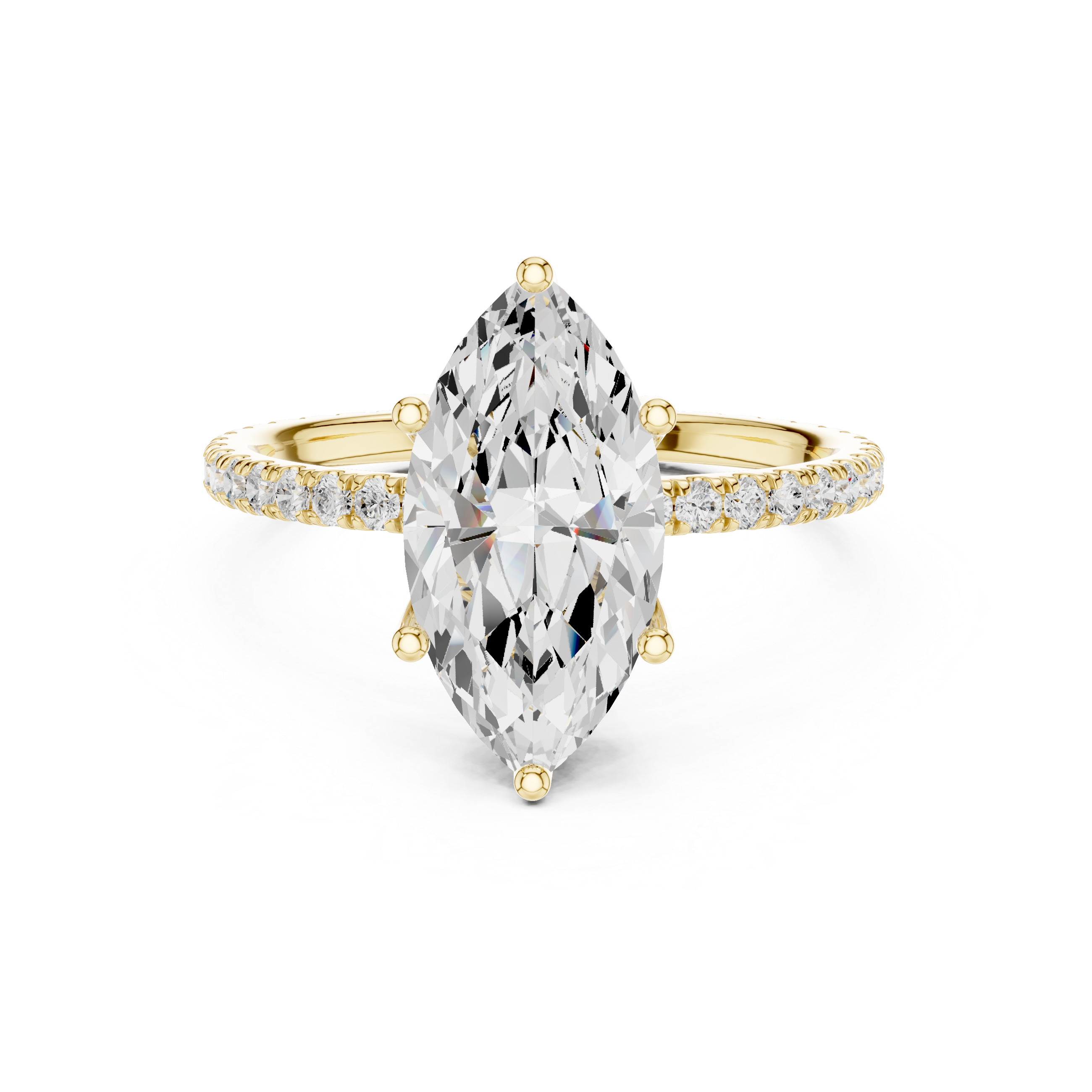 Gold-tone gemstone ring with pear-cut center stone and pavé halo on band