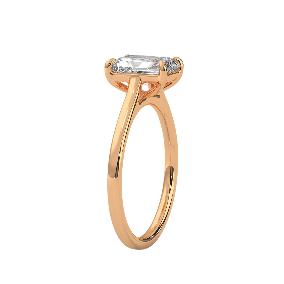 Yellow gold solitaire engagement ring with emerald-cut center stone and trellis-style prongs
