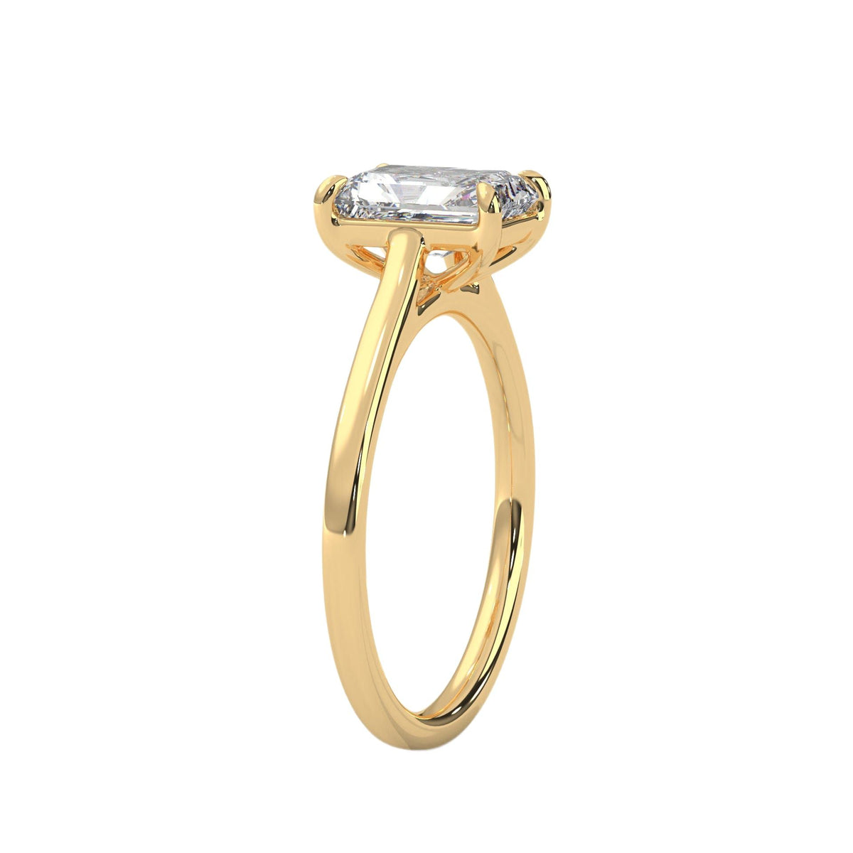 Yellow gold solitaire engagement ring, emerald-cut center stone in trellis prong setting