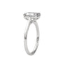 White gold solitaire engagement ring with emerald-cut center stone and trellis-style prongs