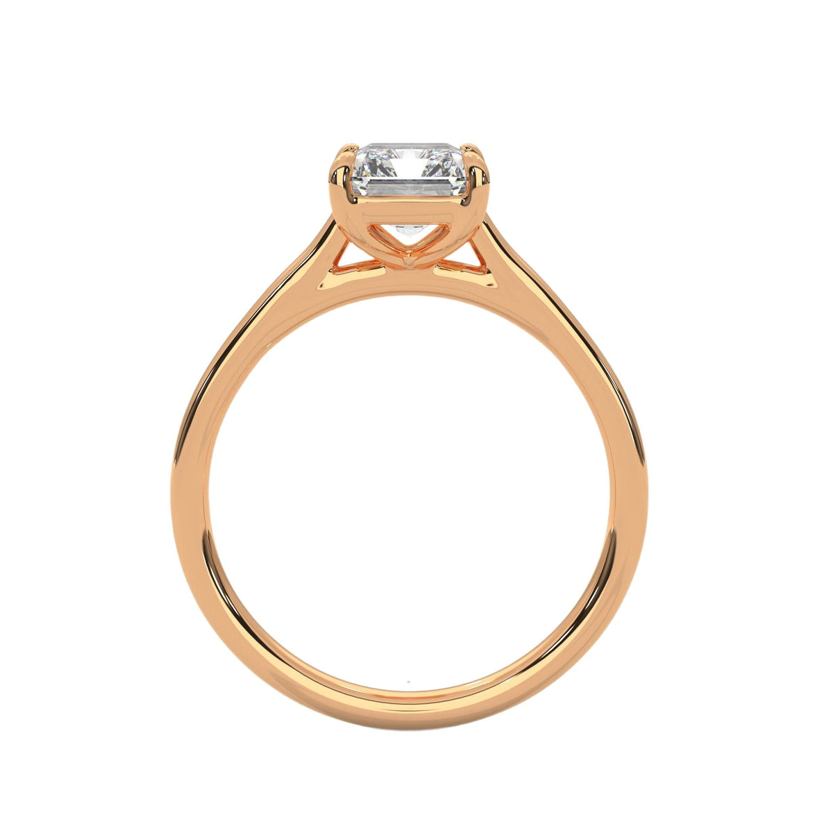 Rose gold solitaire engagement ring with emerald-cut center stone and trellis prongs