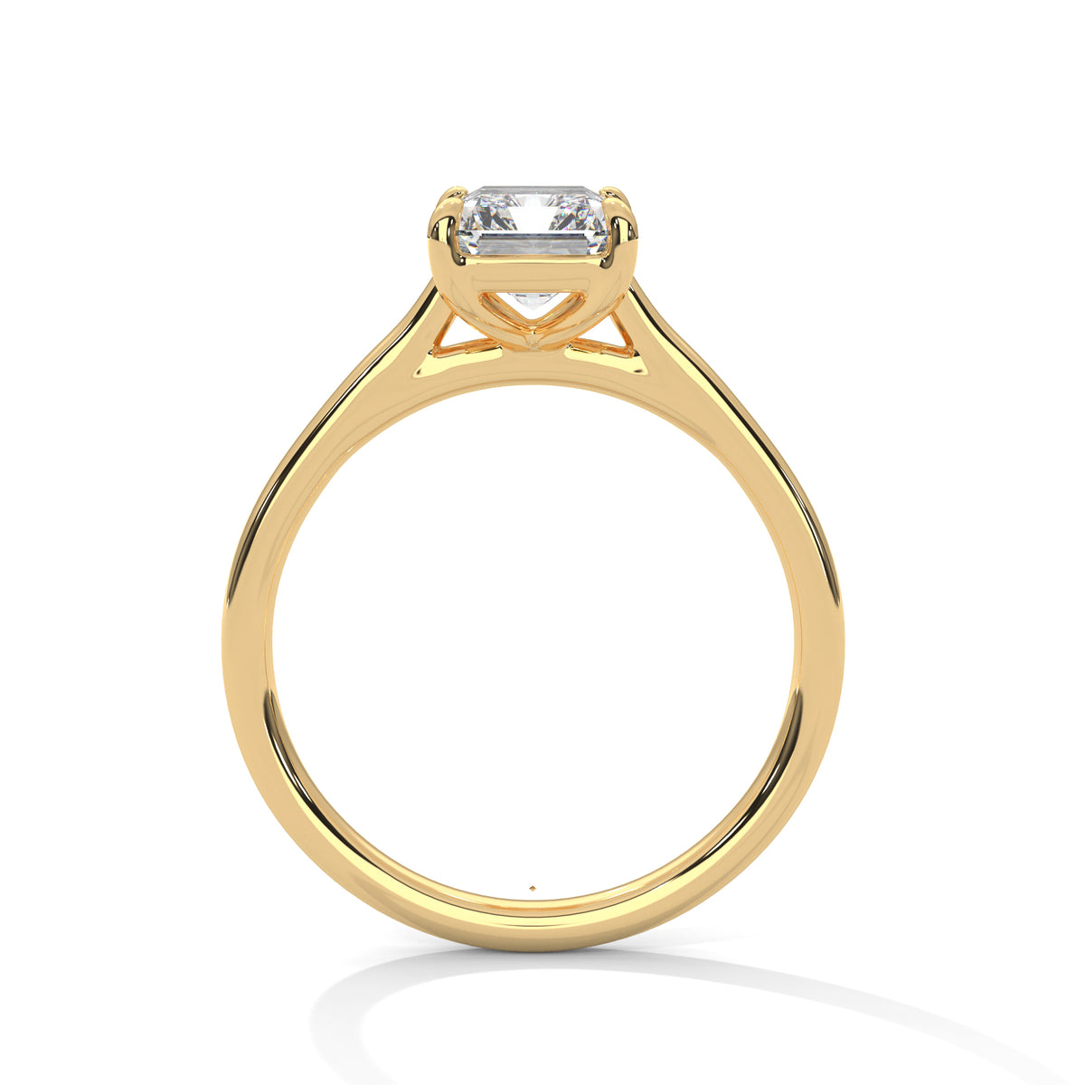 Rose gold solitaire engagement ring with emerald-cut center stone, trellis-style setting