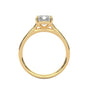 Rose gold solitaire engagement ring with emerald-cut center stone, trellis-style setting