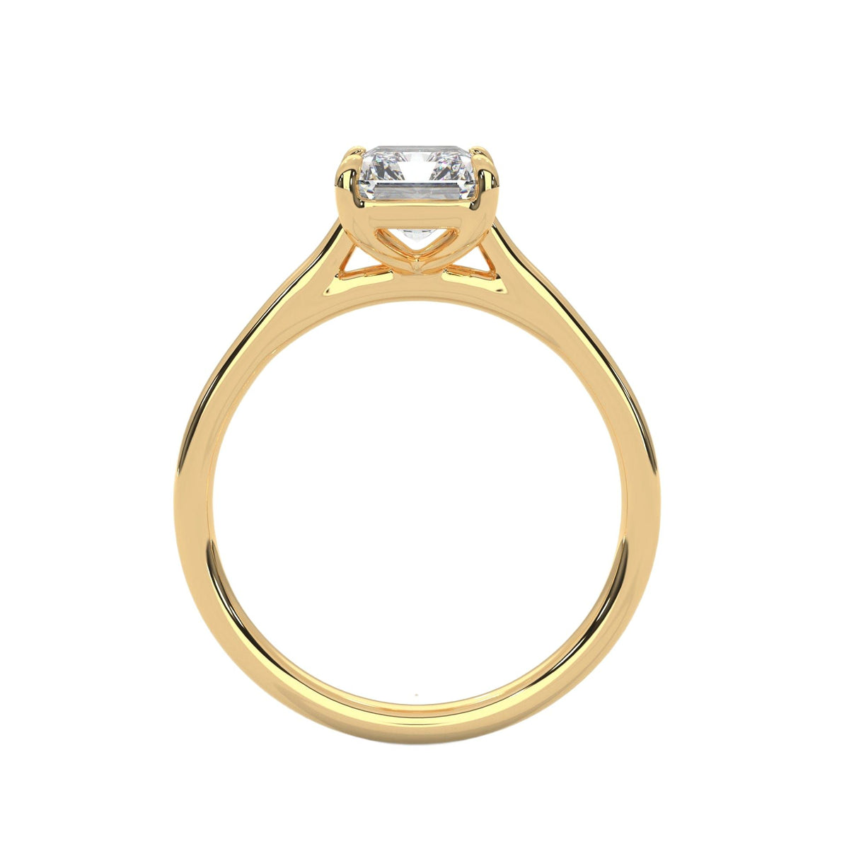 Rose gold solitaire engagement ring with emerald-cut center stone, trellis-style setting