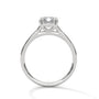 Platinum solitaire engagement ring with emerald-cut center stone and trellis prong setting