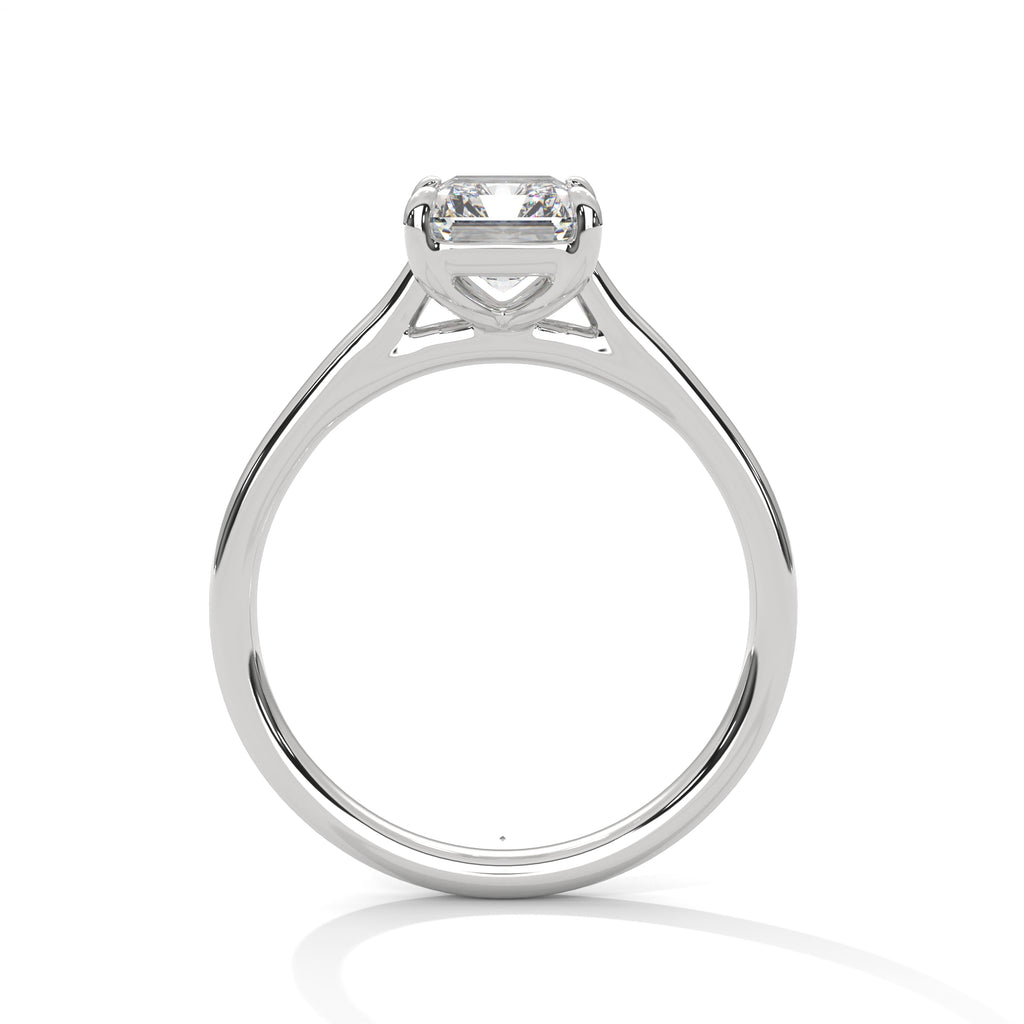 Platinum solitaire engagement ring with emerald-cut center stone and trellis prong setting