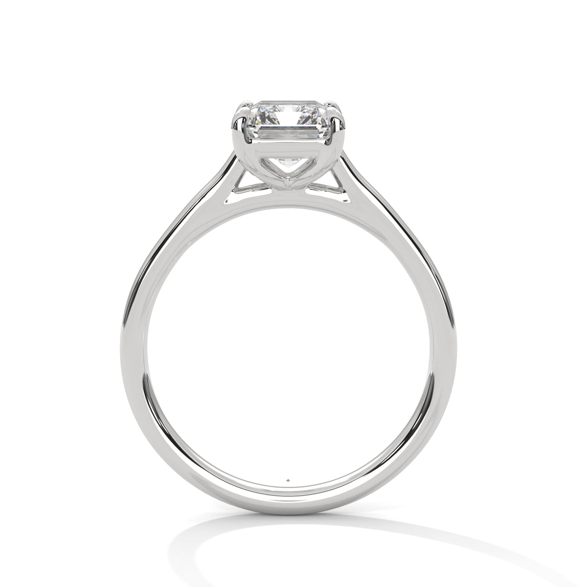 Platinum solitaire engagement ring with emerald-cut center stone and trellis prong setting