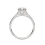 Platinum solitaire engagement ring with emerald-cut center stone and trellis prong setting