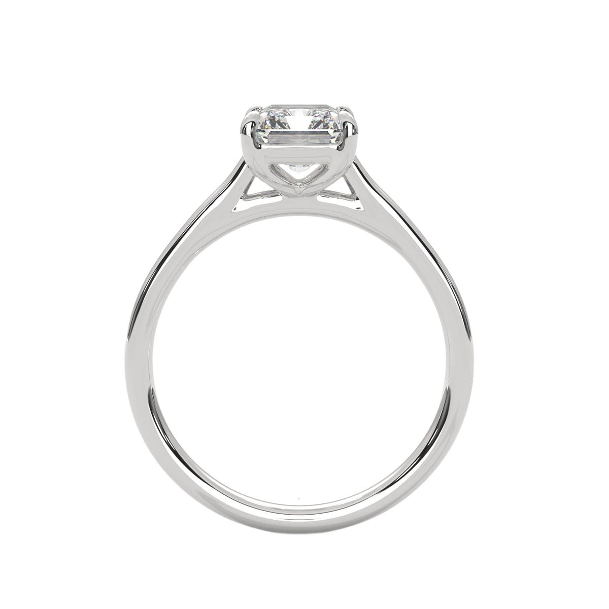 Platinum solitaire engagement ring with emerald-cut center stone and trellis prong setting