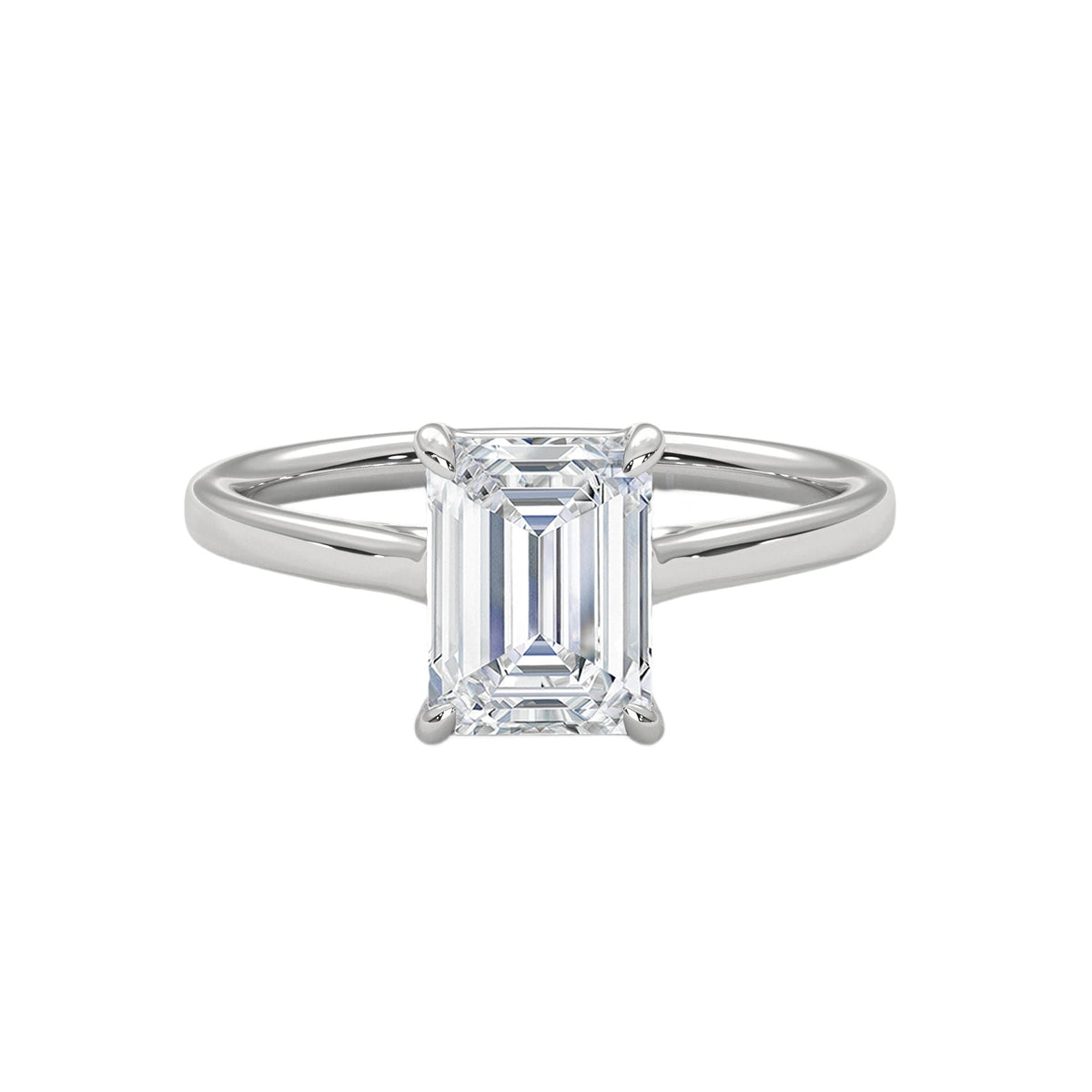 Platinum solitaire engagement ring with emerald-cut center stone in four-prong trellis setting