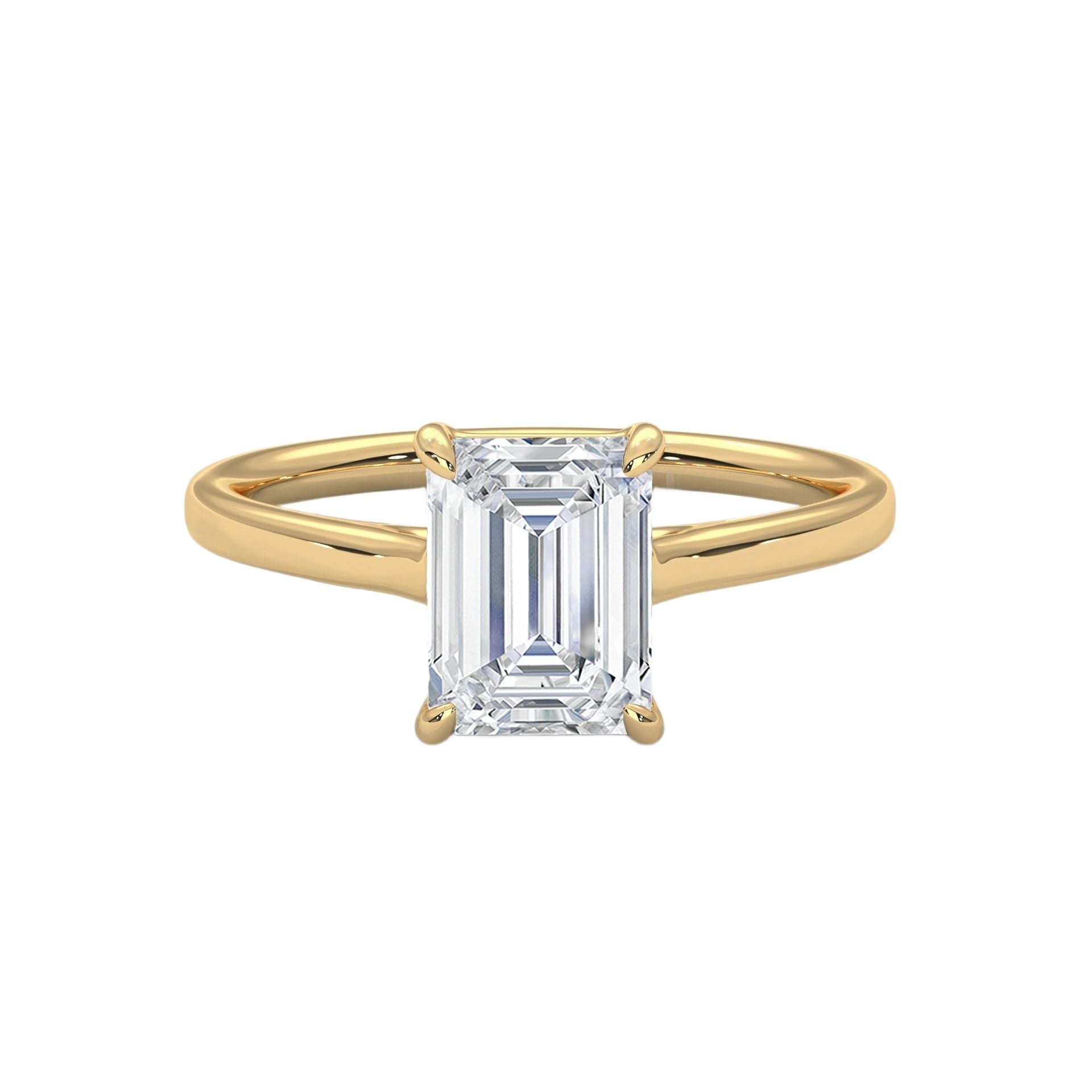 Yellow gold solitaire engagement ring with emerald-cut center stone in four-prong trellis setting