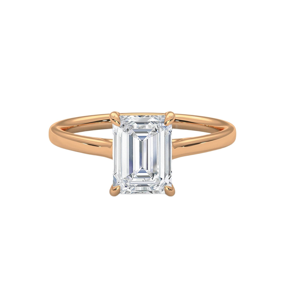 Rose gold solitaire engagement ring with emerald-cut center stone in four-prong trellis setting