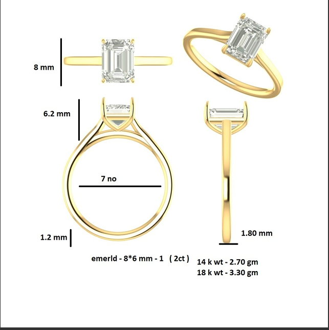 Engagement ring size diagram with 14k gold band and emerald-cut center stone dimensions