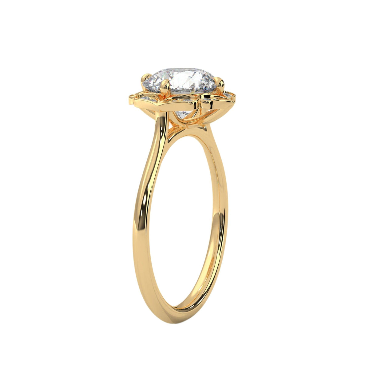 Yellow gold engagement ring with round center stone and floral halo, side view.