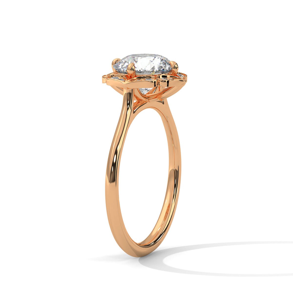 Rose gold engagement ring with round center stone and floral halo, side view.