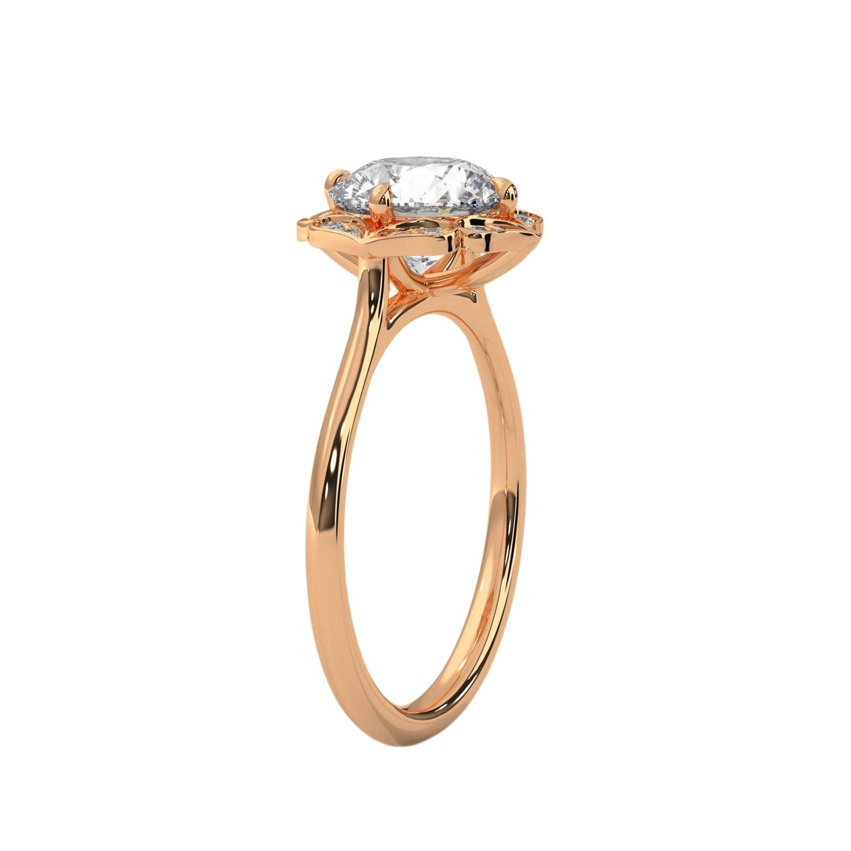 Rose gold engagement ring with round center stone and floral halo, side view.