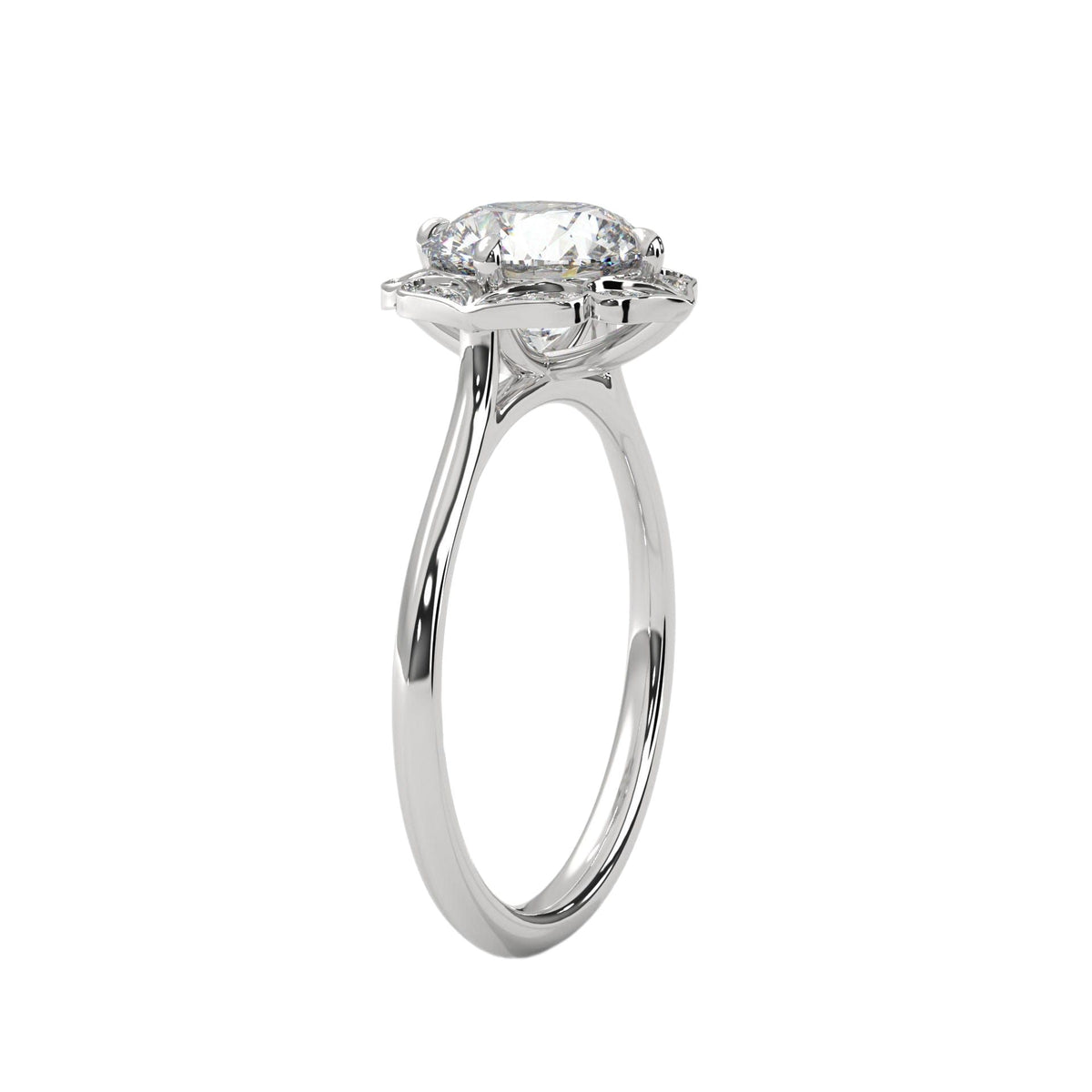 Platinum engagement ring with round center stone and floral halo, side view.