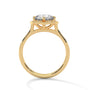 Yellow gold engagement ring with round center stone and floral scalloped halo, front.
