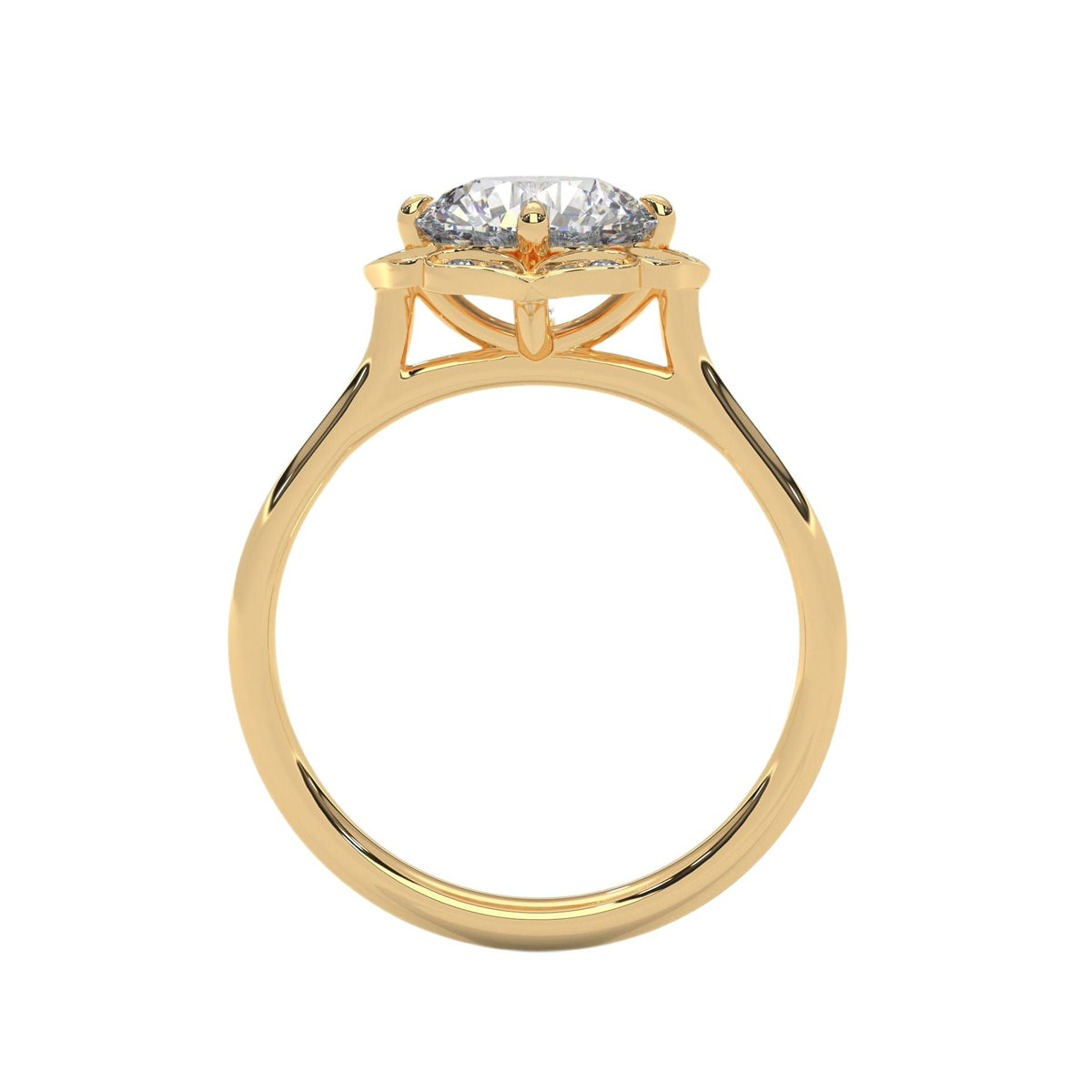 Yellow gold engagement ring with round center stone and floral scalloped halo, front.