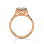 Rose gold engagement ring with round center stone and floral scalloped halo, front.