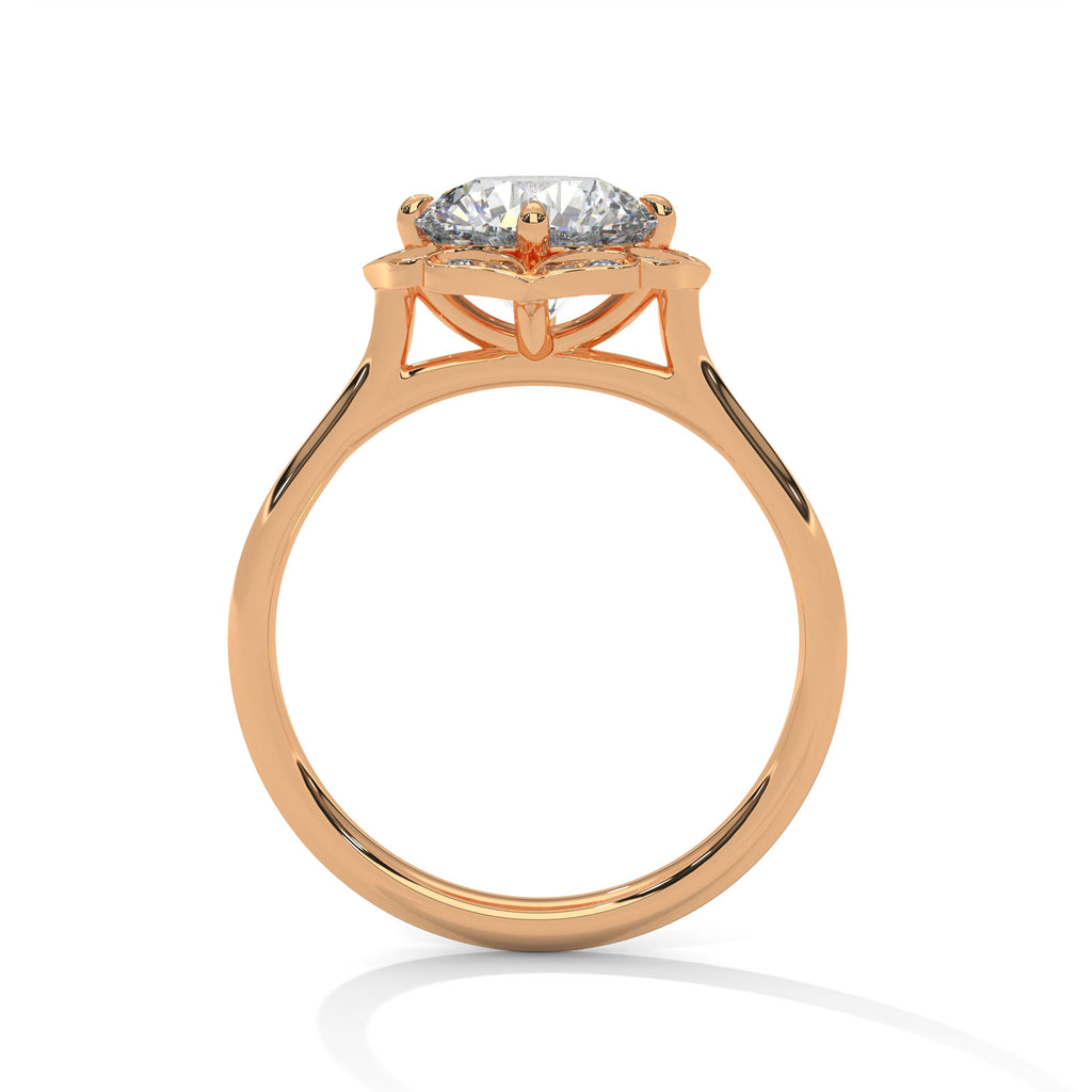 Rose gold engagement ring with round center stone and floral scalloped halo, front.