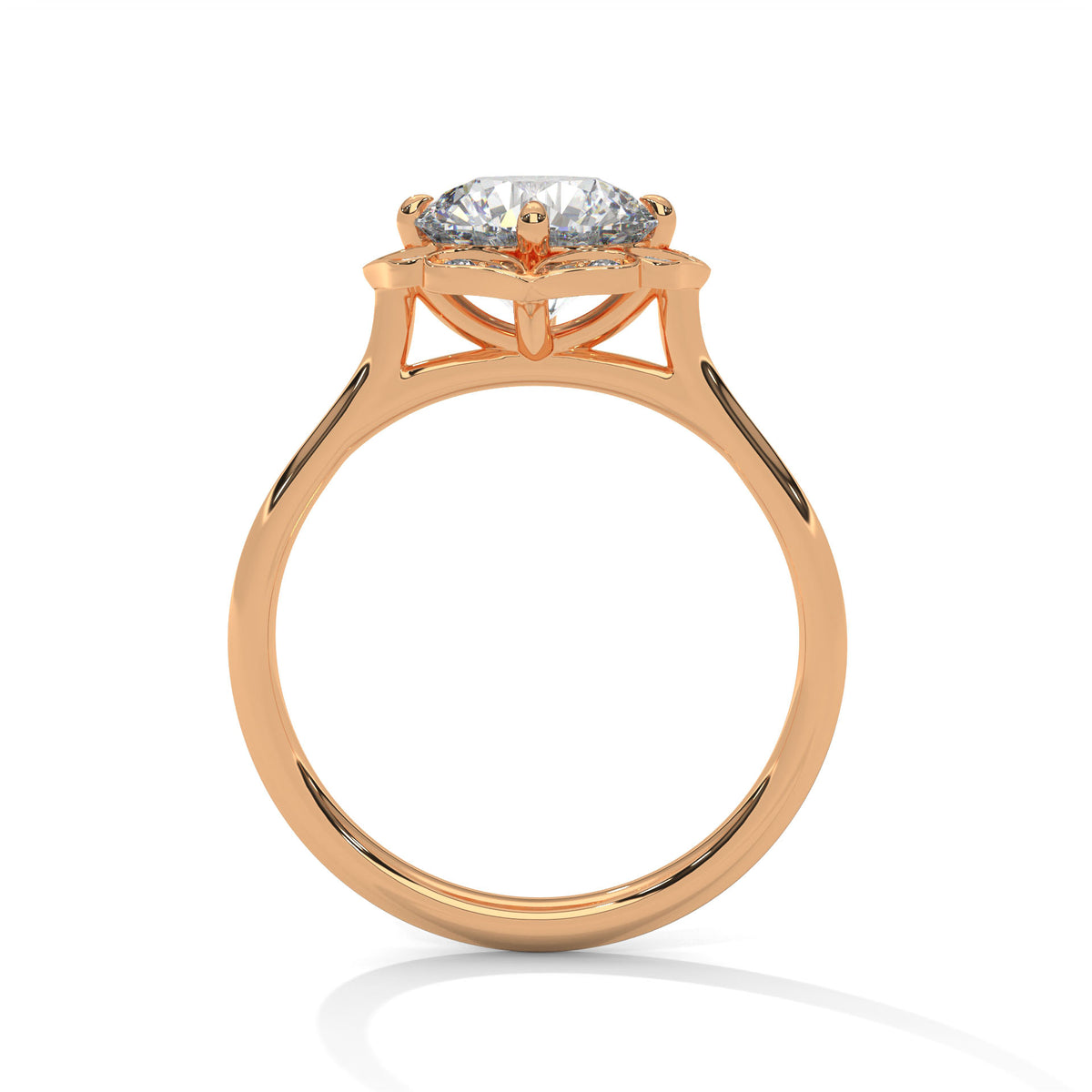 Rose gold engagement ring with round center stone and floral scalloped halo, front.