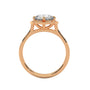 Rose gold engagement ring with round center stone and floral scalloped halo, front.