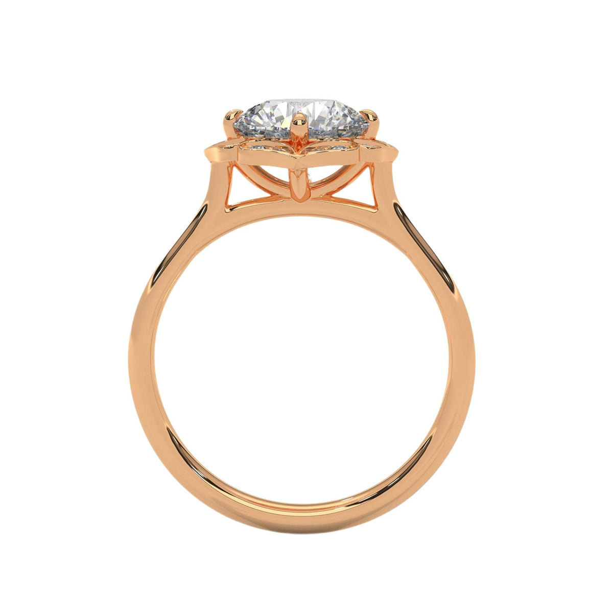 Rose gold engagement ring with round center stone and floral scalloped halo, front.