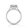 White gold engagement ring with round center stone and floral scalloped halo, front.
