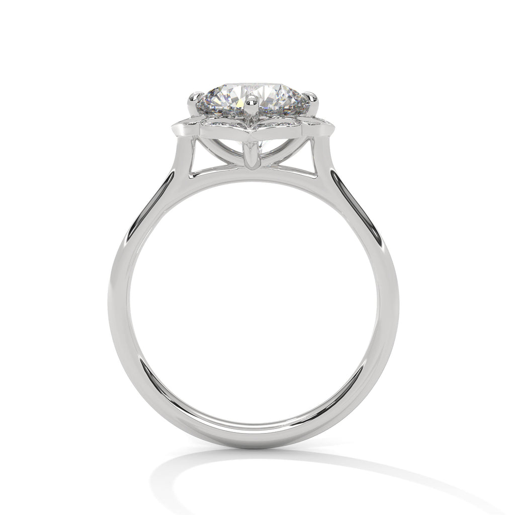 White gold engagement ring with round center stone and floral scalloped halo, front.