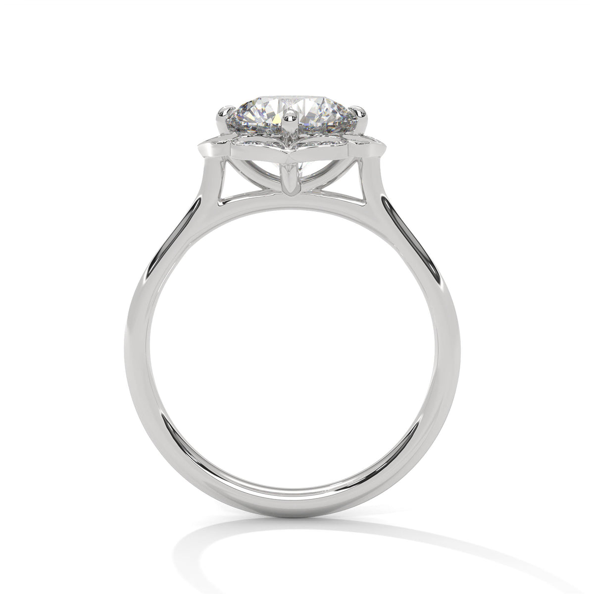 White gold engagement ring with round center stone and floral scalloped halo, front.