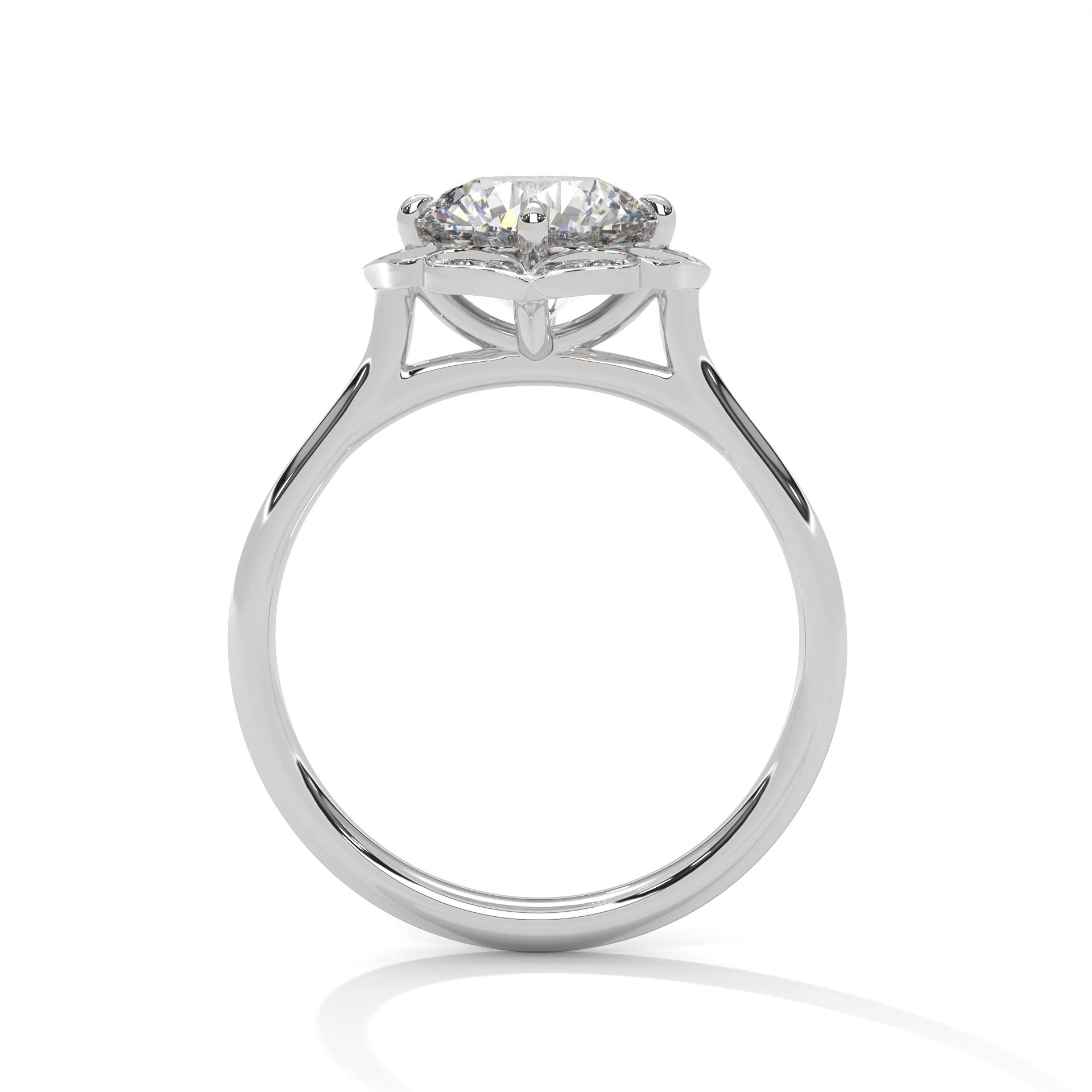 White gold engagement ring with round center stone and floral scalloped halo, front.