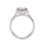 White gold engagement ring with round center stone and floral scalloped halo, front.