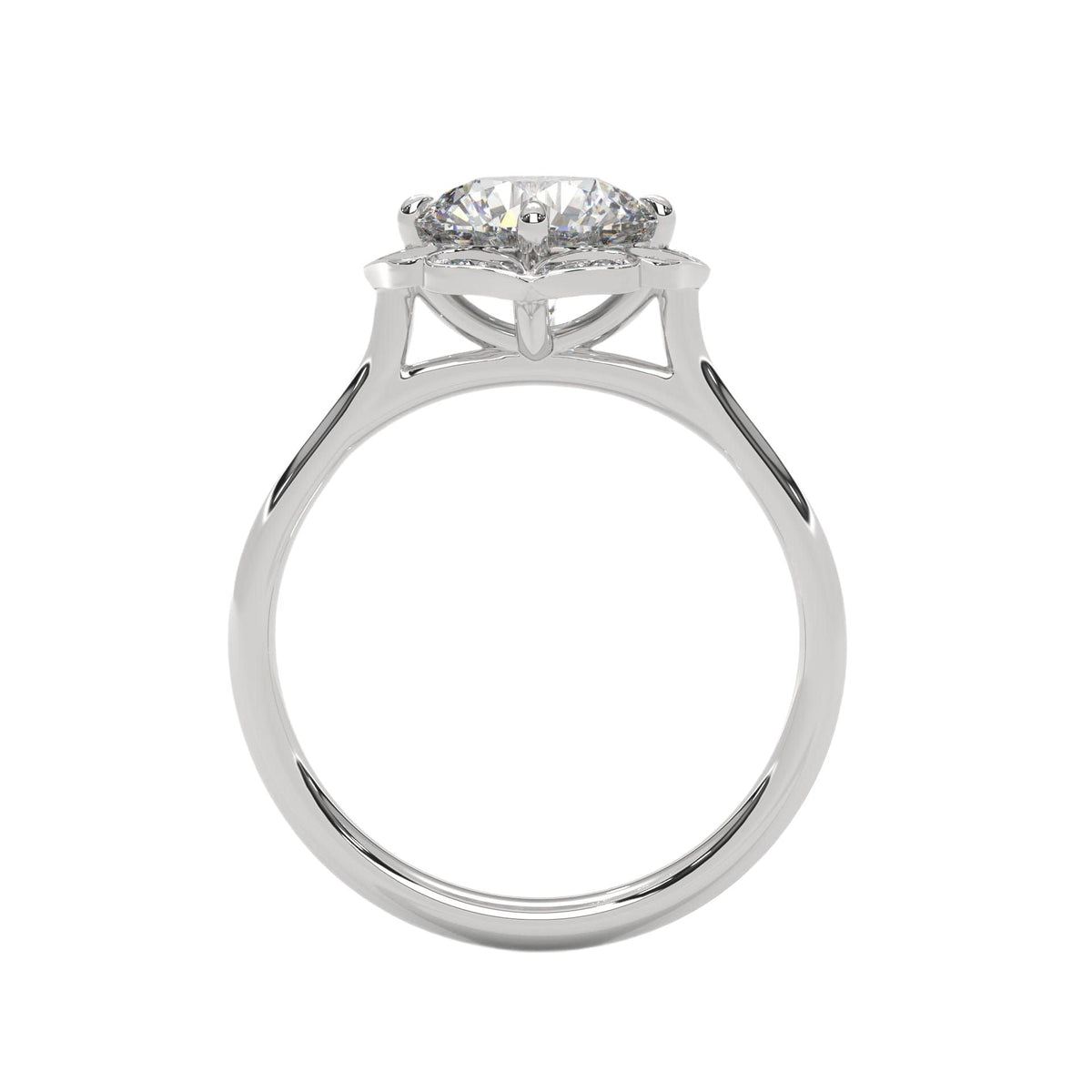 White gold engagement ring with round center stone and floral scalloped halo, front.