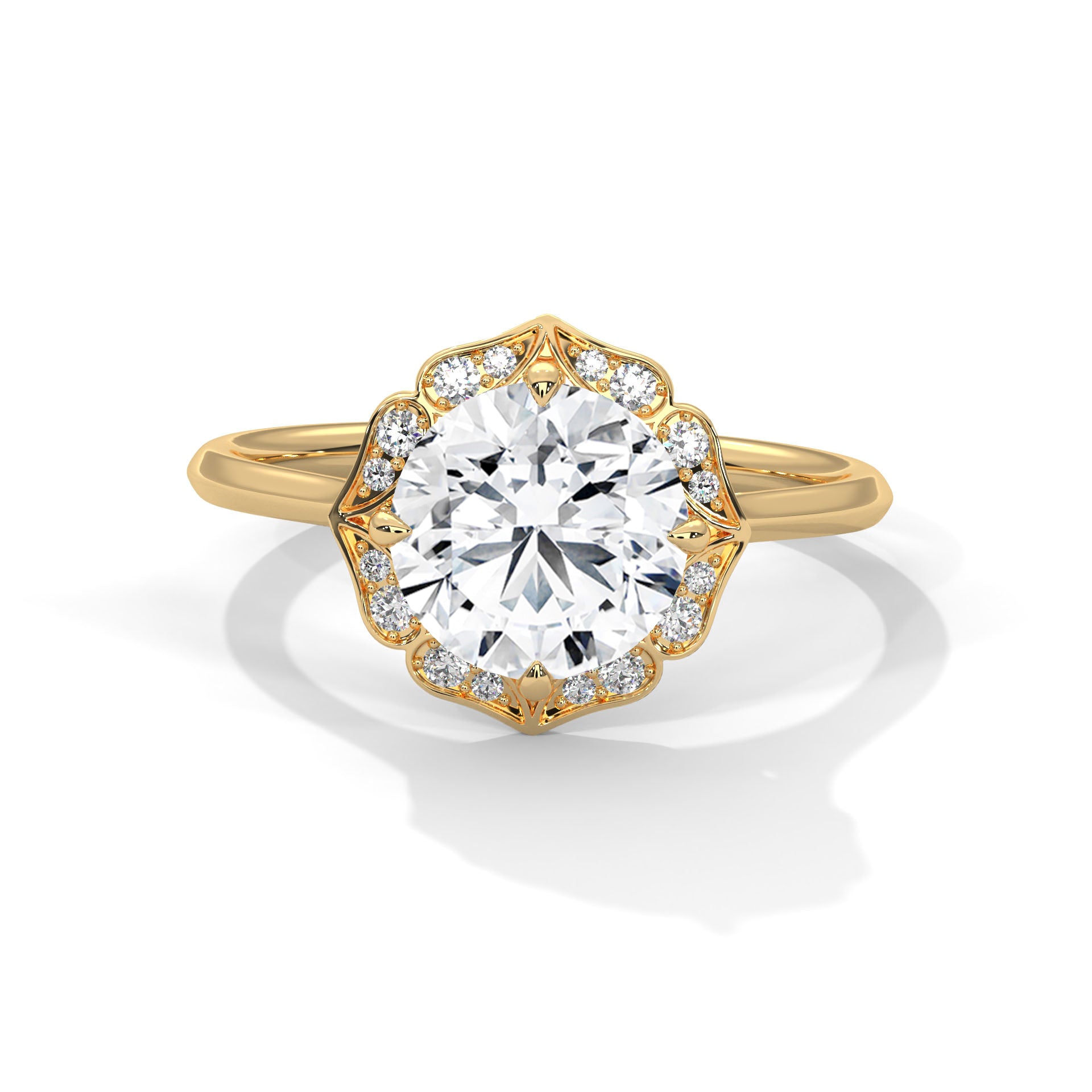 Yellow gold round halo engagement ring with prong-set center stone, 3/4 view.