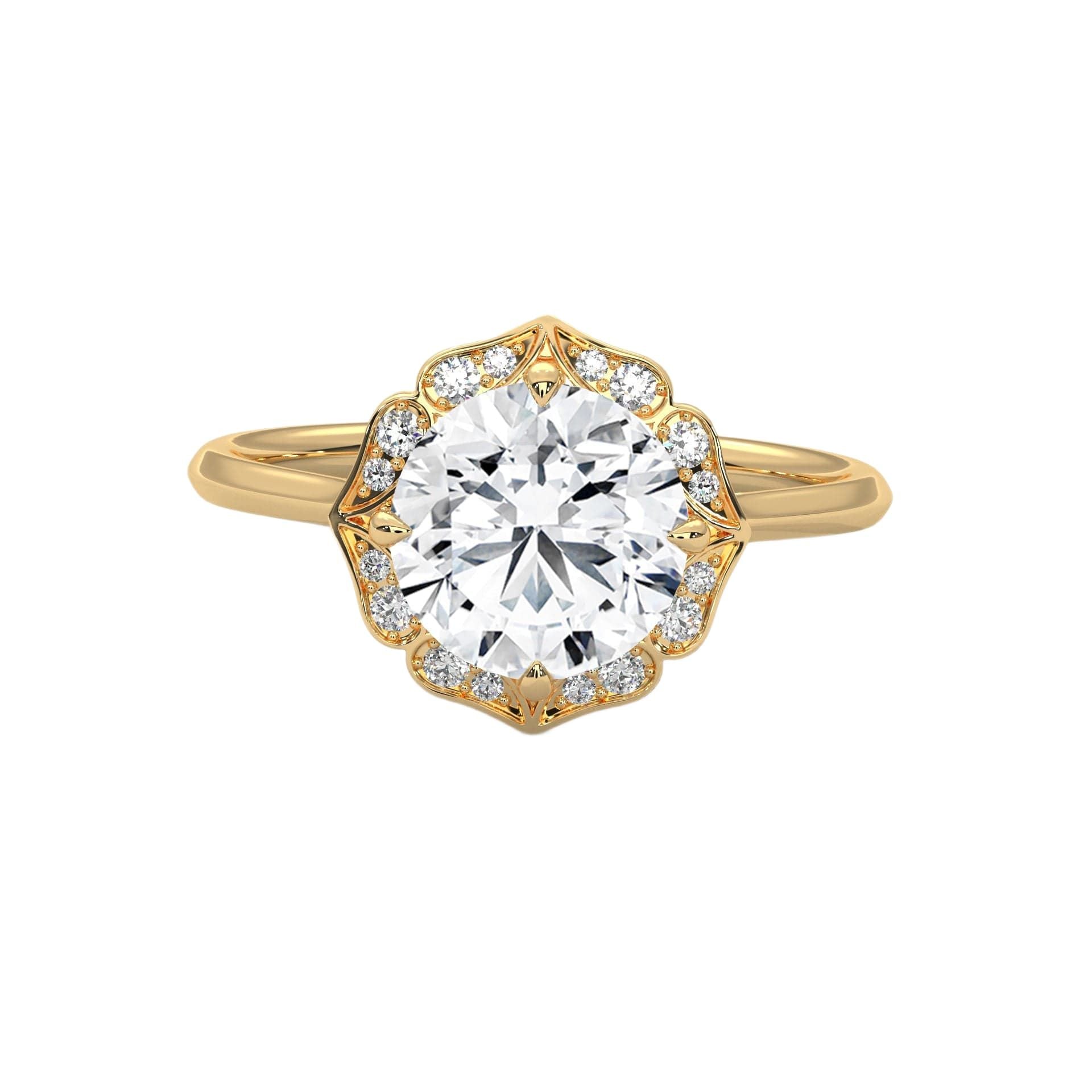 Yellow gold round halo engagement ring with prong-set center stone, 3/4 view.