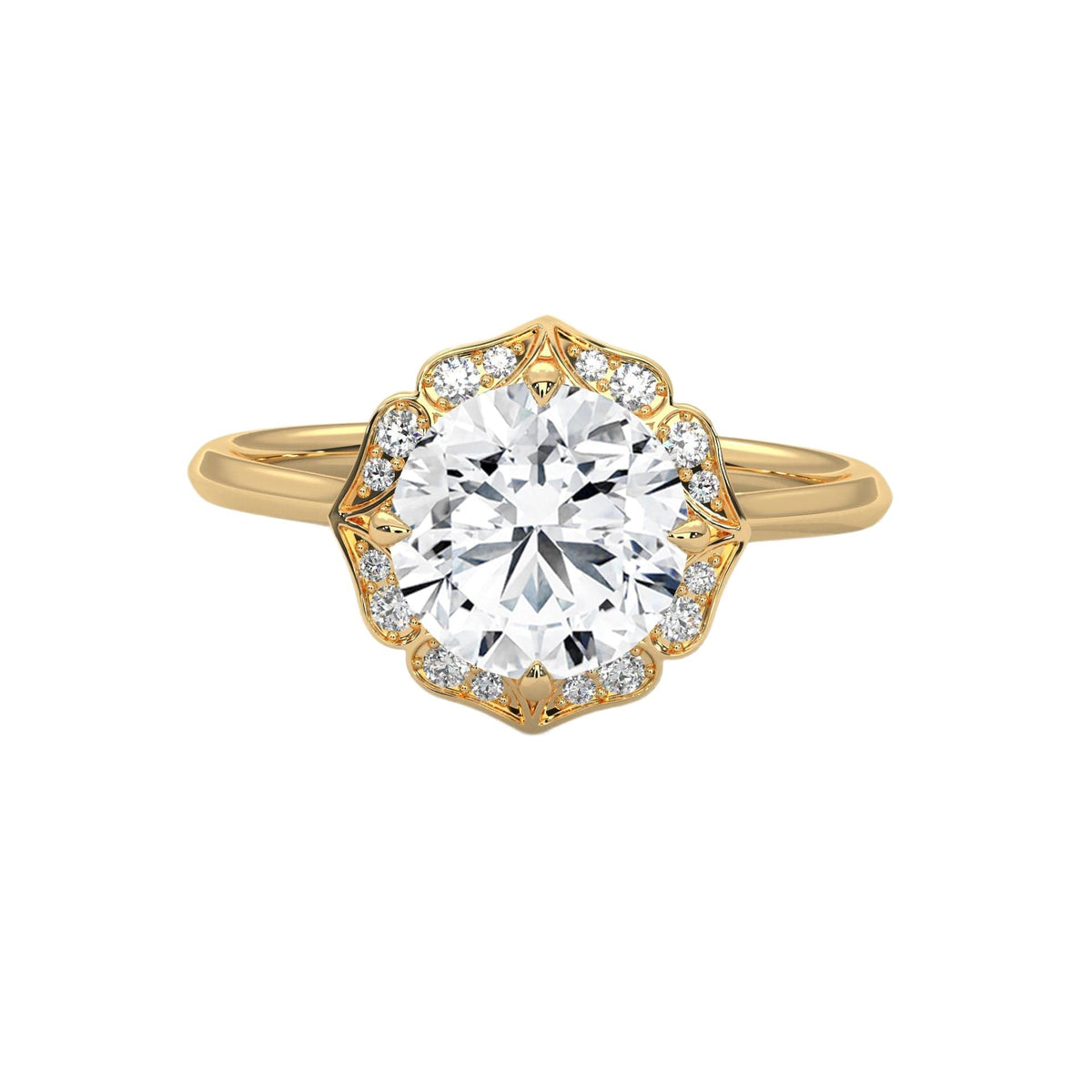 Yellow gold round halo engagement ring with prong-set center stone, 3/4 view.