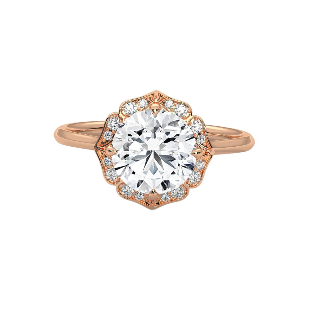 Rose gold round halo engagement ring with prong-set center stone, 3/4 view.